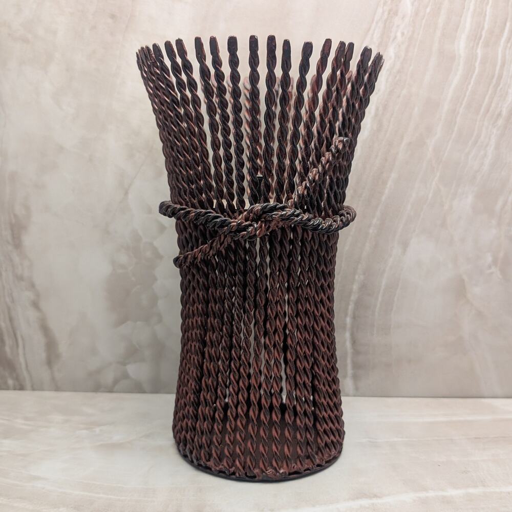 Vintage Large & Heavy Pillar Candle Holder Rust Color Twisted Metal Wheat Stalk